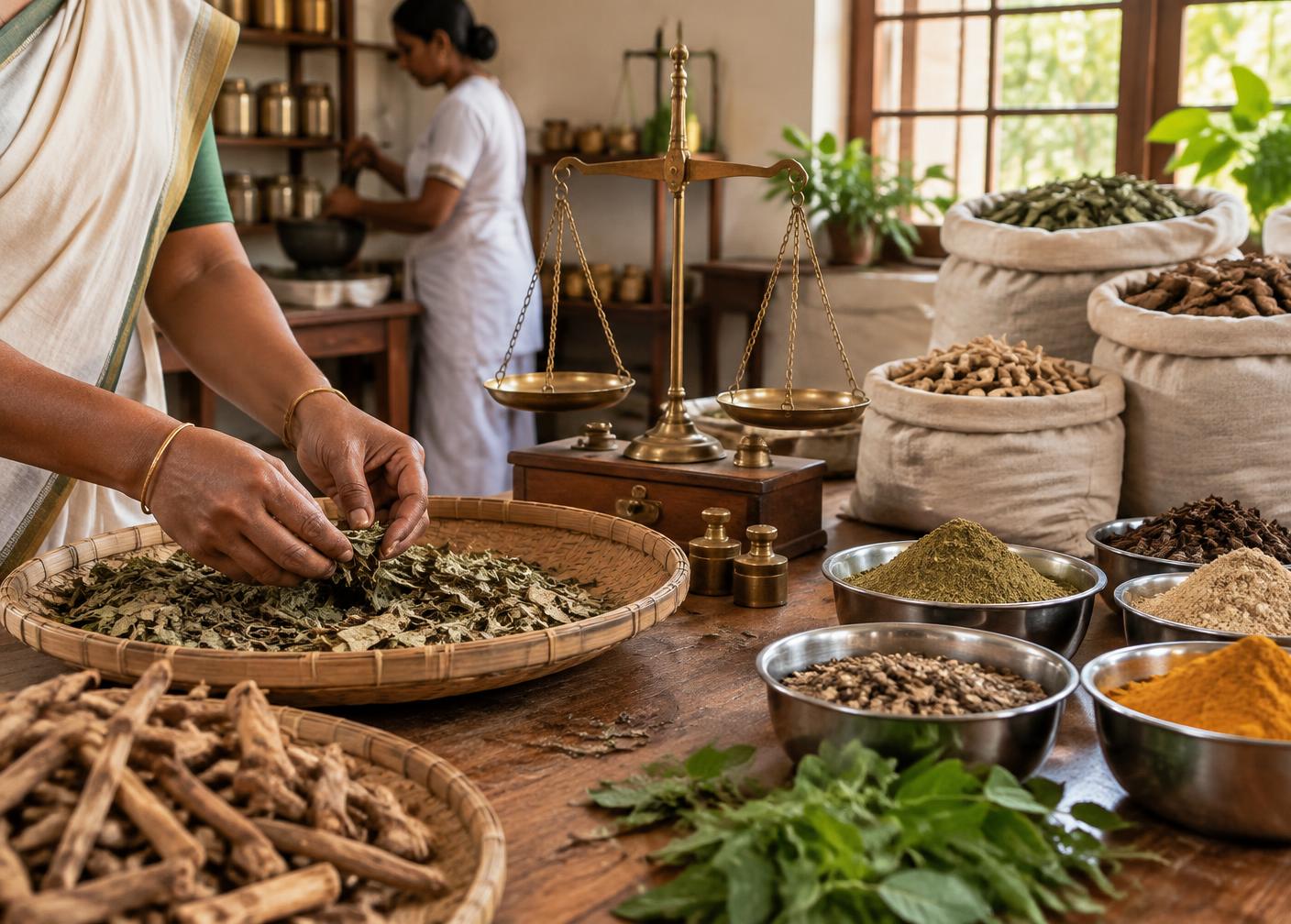 Dried Ayurvedic herbs being sorted beside a brass weighing scale and bowls of herbal powder