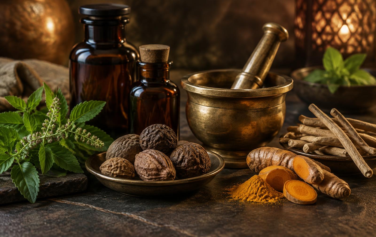 Ayurvedic herbs, brass mortar and amber medicine bottles on a dark stone table